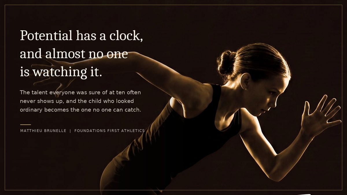 A young sprinter in motion beside the words: Potential has a clock, and almost no one is watching it