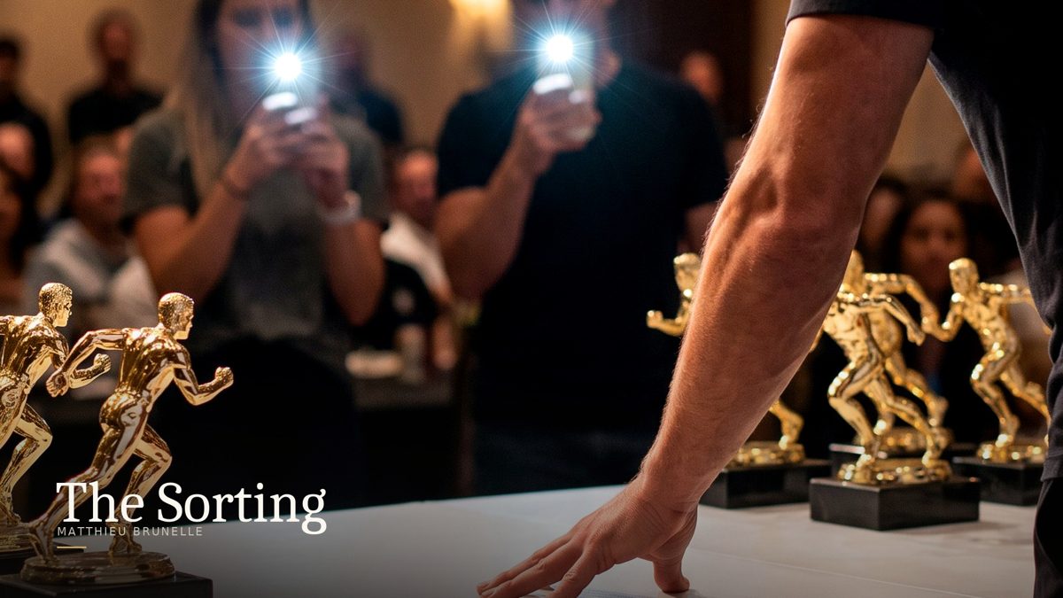 A row of gold trophies at a youth sports banquet while parents film with phones