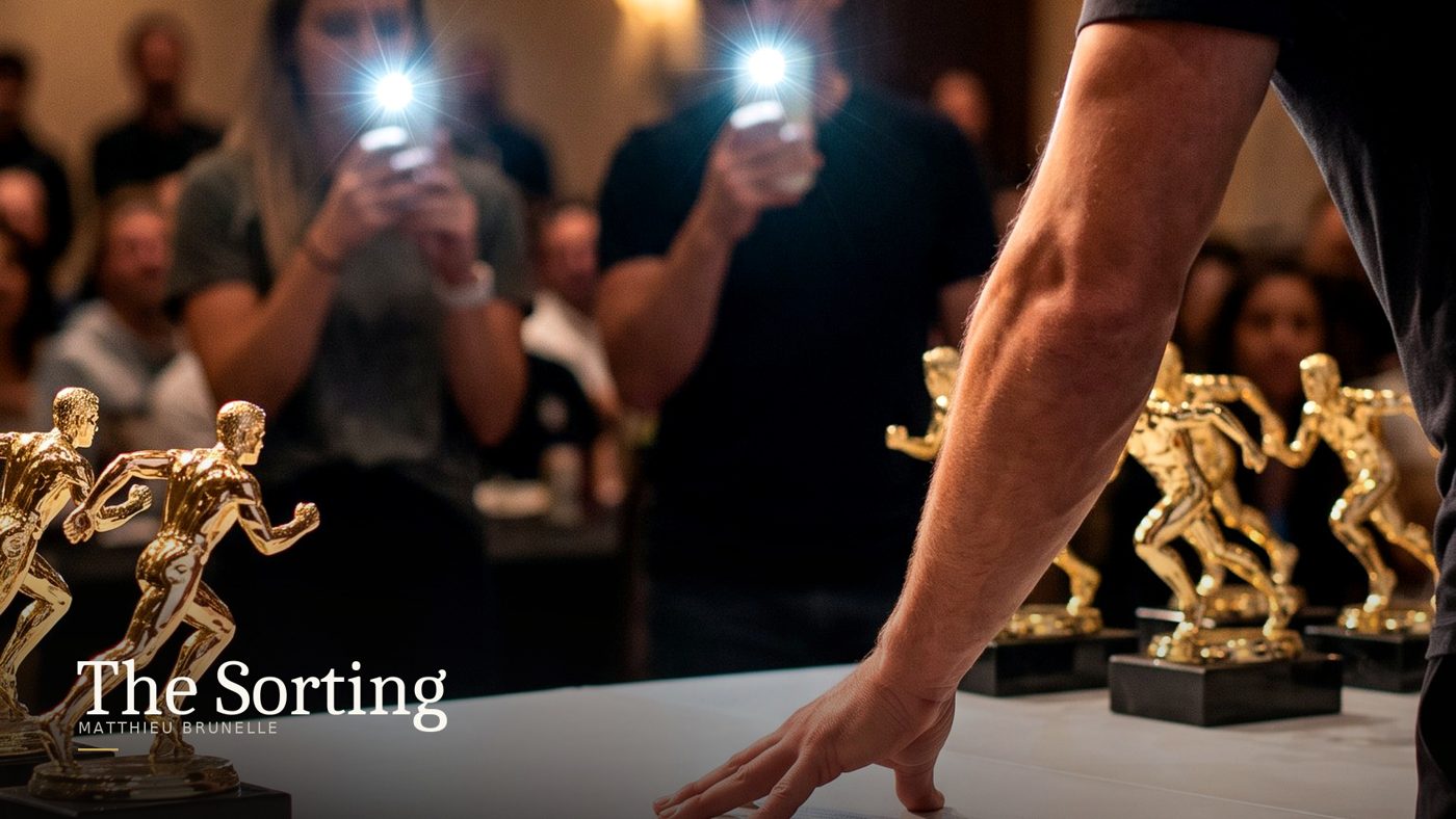 A hand resting beside a row of gold trophies at a youth sports banquet while parents film with phones