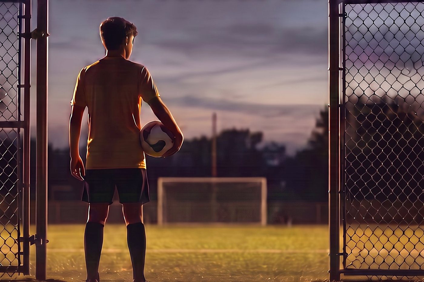 A young soccer player standing at the field gate at dusk, ball under his arm